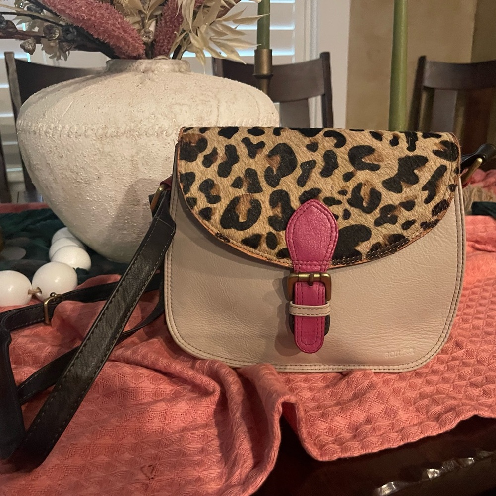 Soruka Leather Crossbody Bag with Leopard Flap and Pink Accent